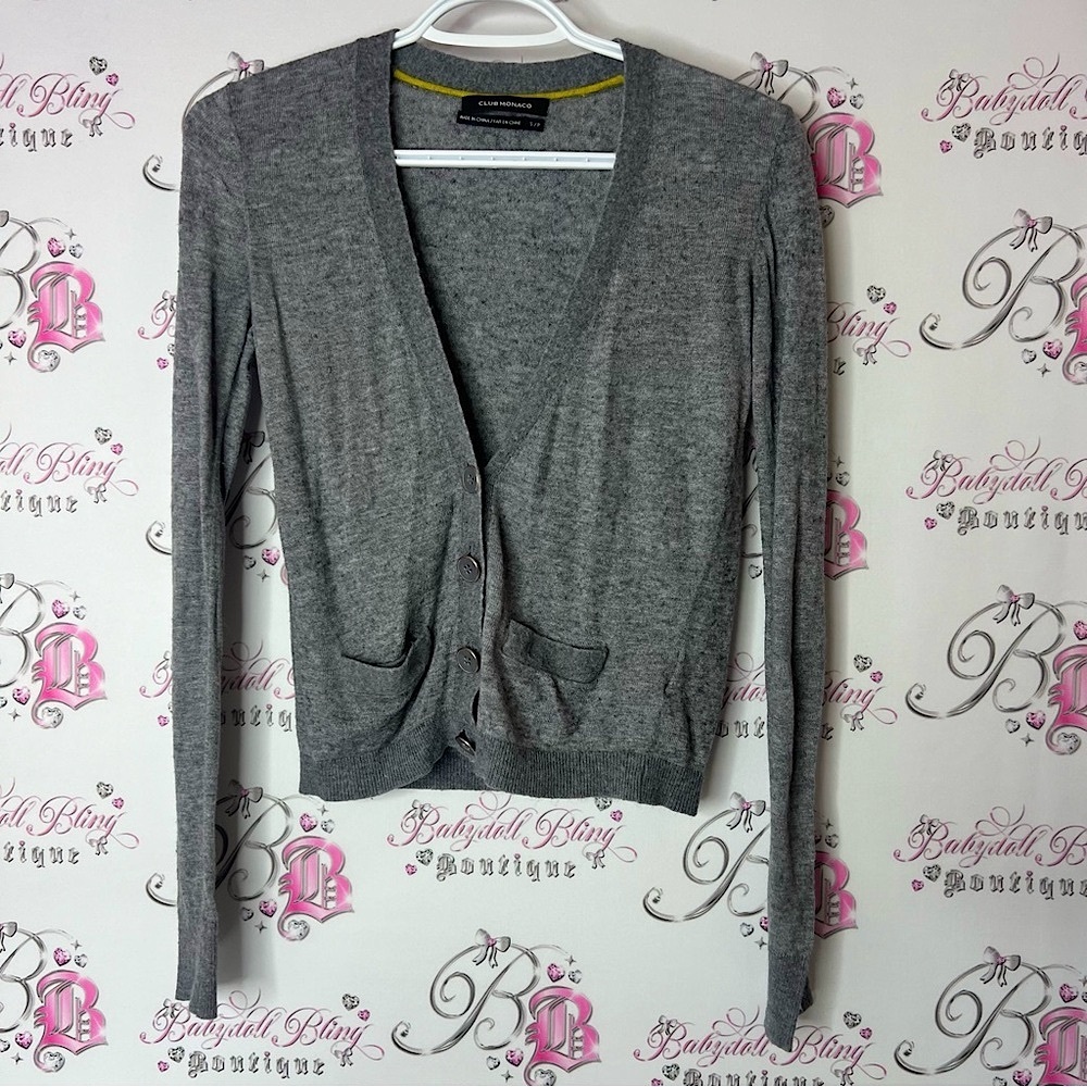 Club Monaco Gray Cardigan Sweater Lightweight V-Neck wool